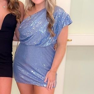 Lulu’s Light Blue Sparkle One-Shoulder Dress, Medium